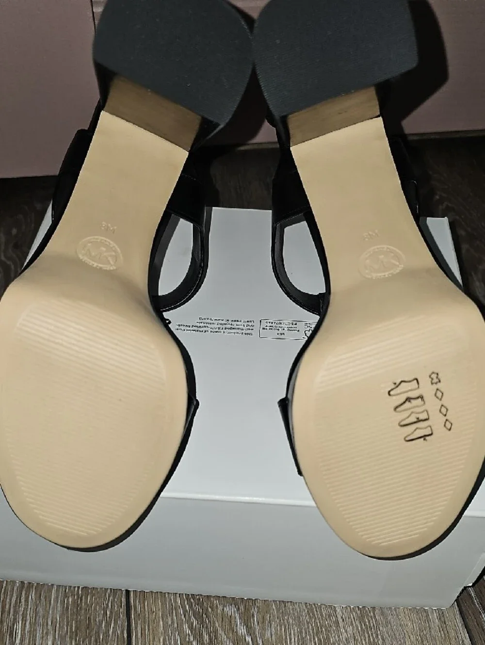 Michael Kors Black Leather T-Strap Sandals with Gold Zipper Accent